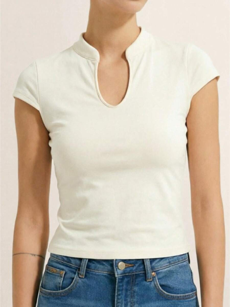 Womenacute;S Qipao Neck Hollow Out Front Short Sleeve T-Shirt Vintage Stretch Fitted Cropped Tops | SHEIN