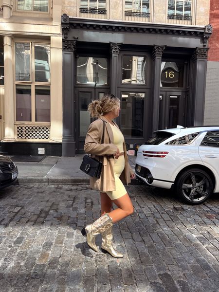 Girlfriend collective workout set paired with Abercrombie single breasted blazer and billini gold cowboy boots, New York City fall transitional outfit idea, midsize outfit ideas, workout set, blazer outfits, blazer look, fall style, gold cowboy boots for fall 

#LTKstyletip #LTKcurves #LTKSeasonal