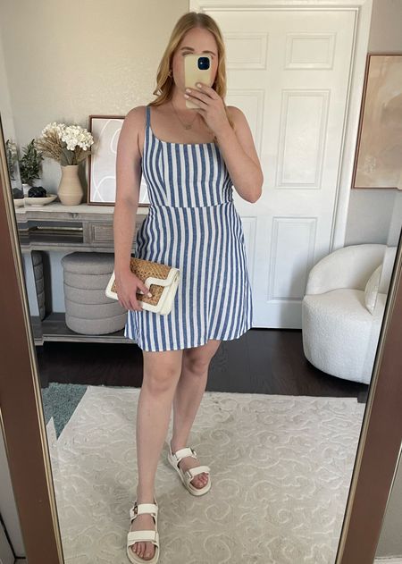$20 Fit & Flare Cami Mini Dress from Old Navy for Memorial Weekend or the 4th of July! J.Crew look for less blue and white striped dress wearing size M 

#LTKFindsUnder50 #LTKParties #LTKSeasonal