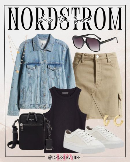 Get ready for urban adventures with Nordstrom's Shop the Trend: cargo skirts, tank tops, and denim jackets. Elevate your style with layered necklaces, statement hoop earrings, and sleek sunglasses. Complete your look with a chic crossbody bag and platform sneakers for a trendy, on-the-go vibe. Fashion meets function!

#LTKstyletip #LTKSeasonal