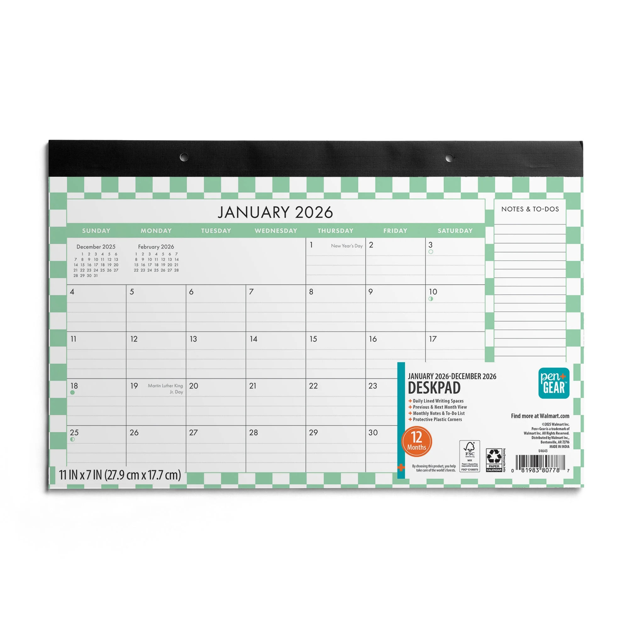 Pen+Gear Monthly Desk Pad Mini(11"x7")Checkered Border12 Month Jan 2026-Dec 2026 | Walmart (US)