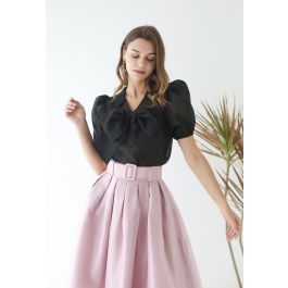 Sweet Bow Short-Sleeve Organza Top in Black | Chicwish