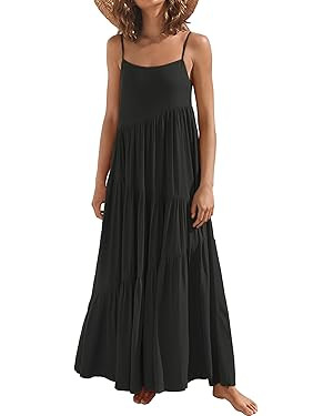 Womens Summer Dresses Loose Sleeveless Spaghetti Strap Asymmetric Tiered Maxi Dress | Amazon (US)