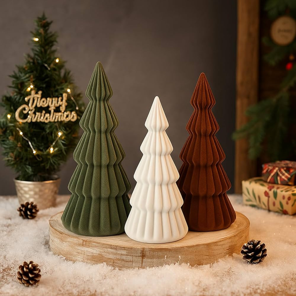 Set of 3 Velvet Ceramic Christmas Trees Decoration Modern Velvet Cone Christmas Tree Figurine Dec... | Amazon (US)