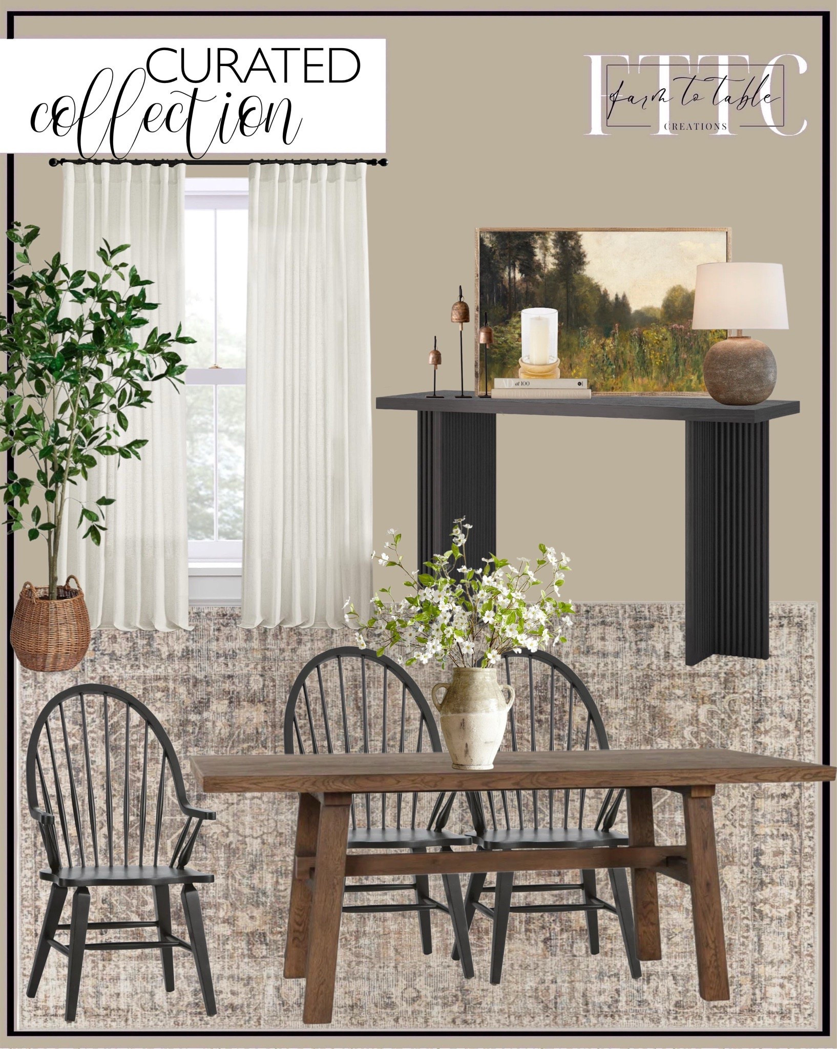 Curated Spring Collection.  Follow @farmtotablecreations on Instagram for more inspiration.

‼️Use code FARMTOTABLE for 15% off artwork.

Windsor Arm Chair. Becki Owens x Livabliss Marlene Vintage Dark Brown Area Rug. Oak dining table. Fluted Console Table. Copper bells. Meadow of flowers canvas art. Tabletop Hurricane. Table lamp. Faux Dogwood Stems. French Glaze Ceramic Pot. Linen Curtains. Curtain Rods.  Bay leaf tree in basket - Threshold. 

Console Table | Dining Room | Dining Room Artwork | Bathroom Finds | Bedroom Finds | Bedroom Furniture | nightstands | Home Decor| Fireplace Decor | Spring Refresh |  Bedroom Finds | Neutral Stems | Spring Stems | Bookshelf Decor | Bedroom Space | Cozy  Corner | Bathroom | Curated Entryway | Spring  Decor | End of Year Clearance | Trending Decor | Viral Decor  | Coffee Table Decor | Neutral Decor | Fall Stem Sale | Target Finds | Skinny Bench | Bedroom | Living Room | Breakfast Nook | Amazon Home | Target Sale | Loloi Rugs | Magnolia Home | console table | console table styling | faux stems | entryway space | front porch decor | neutral decor | entryway decor | cozy home | affordable decor |  home decor | home inspiration | console styling | entryway rug | cozy moody home | moody home decor | neutral home | bathroom decor | living room | spring decor | Hearth & Hand | Studio McGee | 2025 Home Trends | trending home | Crate&Barrel 


#LTKHome #LTKSaleAlert #LTKFindsUnder50