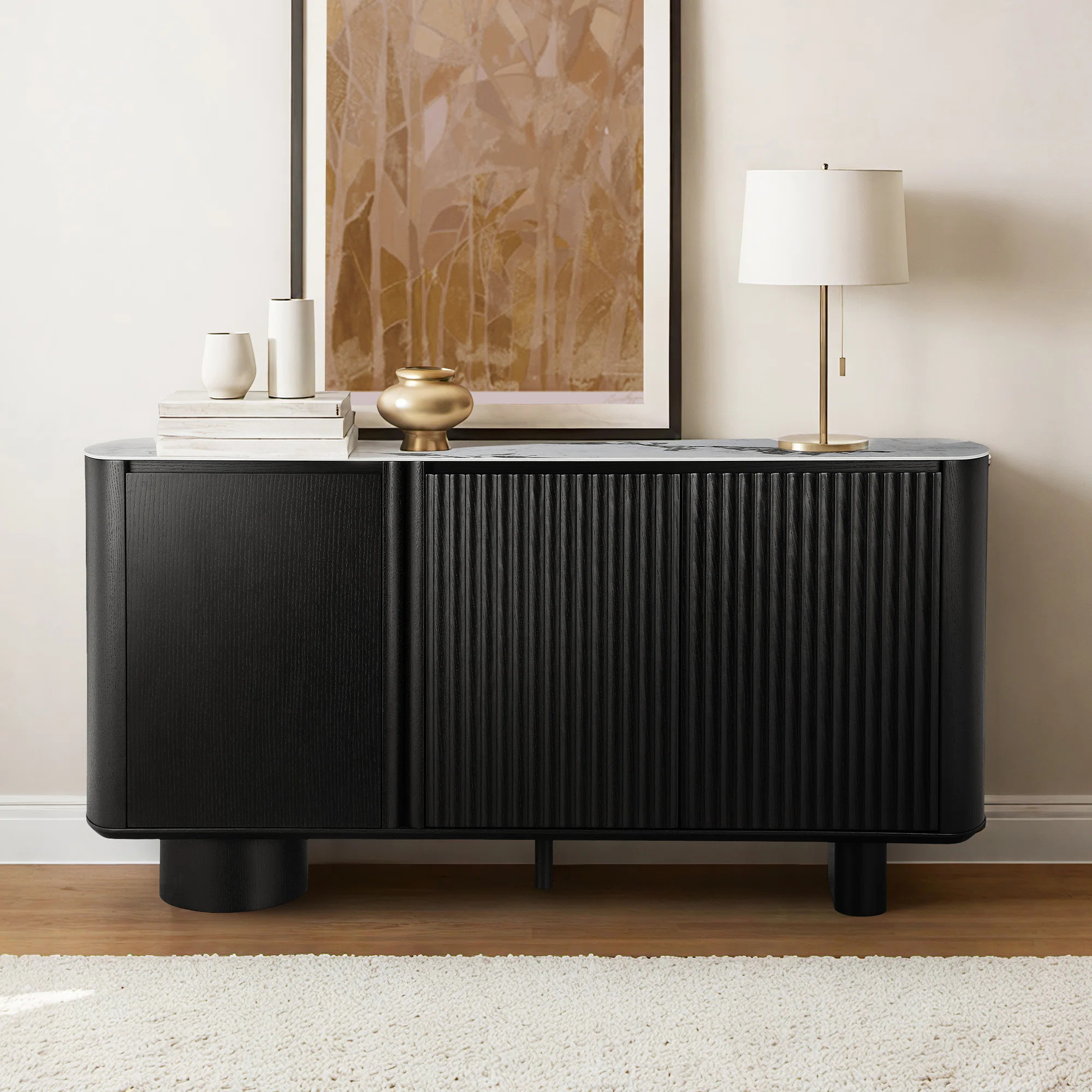 Walther 71" Modern Black Oak 3-Door Fluted Sideboard with Adjustable Storage and Ceramic Top | Wayfair North America