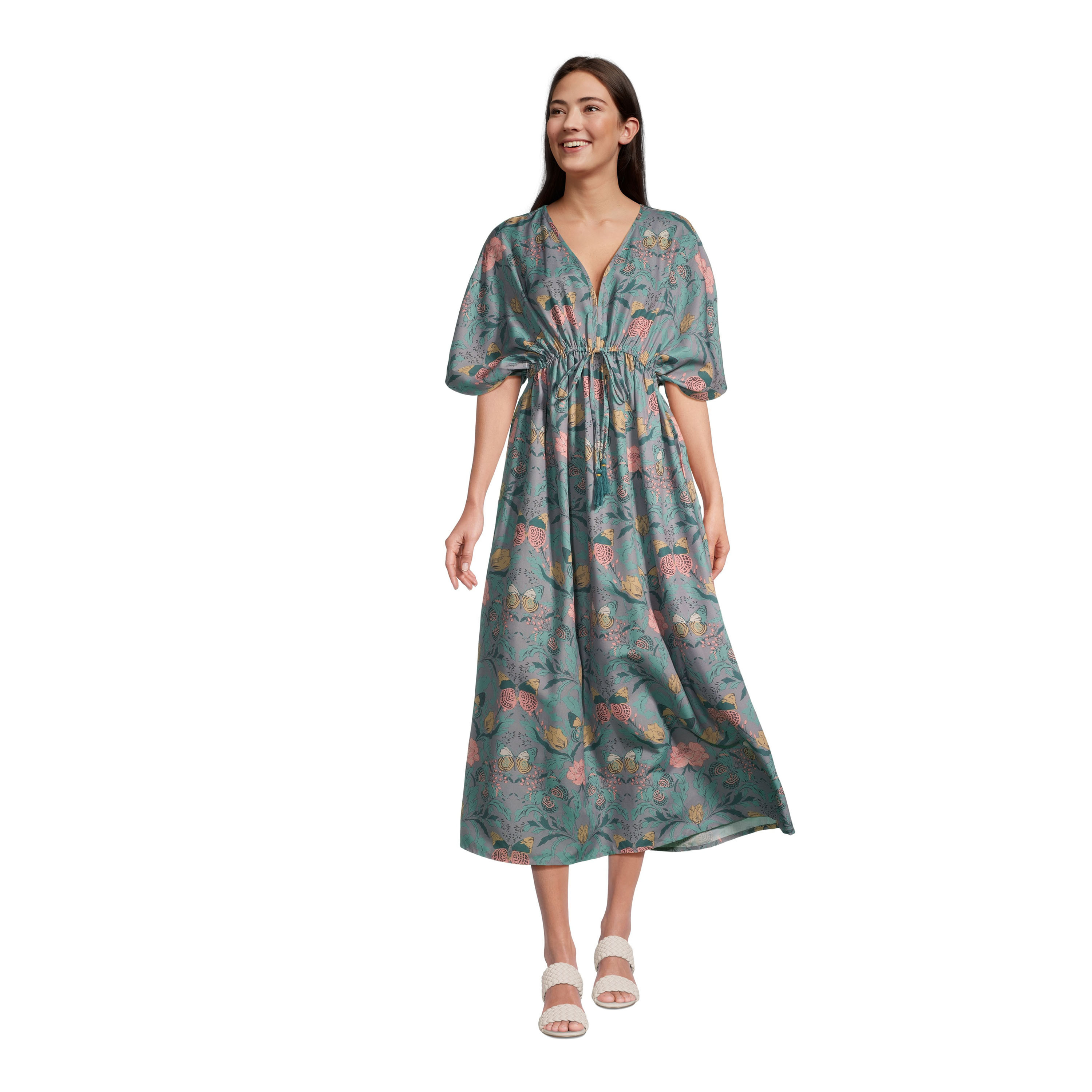 Mira Sage Green Butterfly And Damask Floral Kaftan Dress | World Market