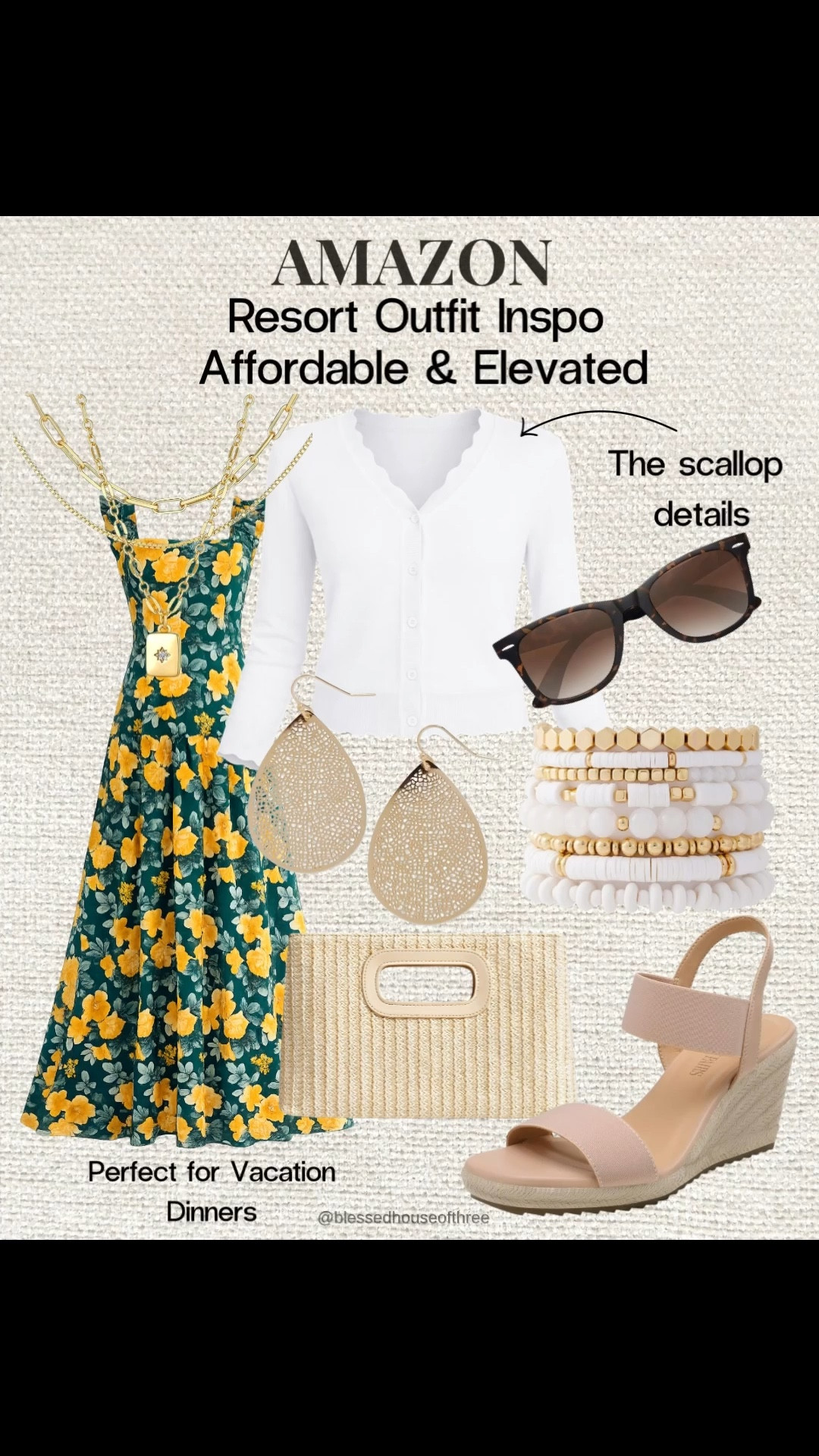 Amazon resort outfit inspo that looks elevated but is completely affordable. This green floral maxi dress paired with a white scallop detail cardigan is perfect for resort outfits, spring break outfit, spring outfit, beach vacation outfit, vacation beach outfits dinners, Easter outfits, cruise style, and warm weather events. Styled with neutral wedge sandals, layered gold jewelry, stacked bracelets, and a woven clutch for a polished vacation-ready look. If you’re searching for an affordable Amazon resort outfit, spring vacation dress, or elevated vacation dinner outfit for women, this one is a standout.

#LTKSeasonal #LTKSaleAlert #LTKTravel