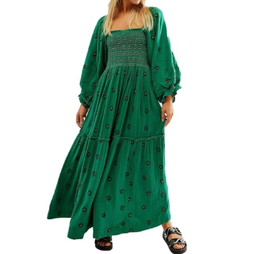 Women Floral Embroidered Maxi Dress Long Puff Sleeve Square Neck Bohemian Flowy Dress with Pocket... | Amazon (US)