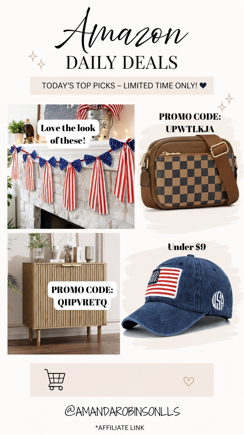 Amazon daily deals
Patriotic bows
Purse
Sidebar table 
American flag hat