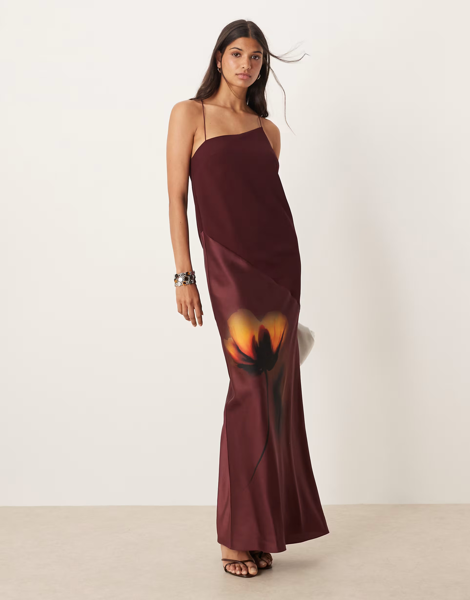 ASOS DESIGN draped satin chiffon cami maxi dress in placement burgundy floral print | ASOS (Global)