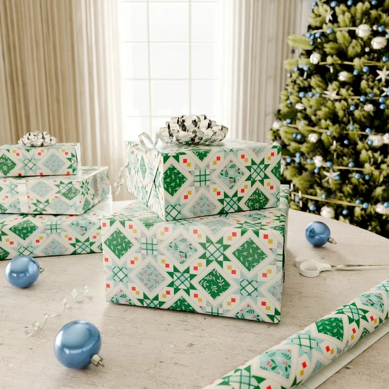 American Greetings 30 in. Christmas Wrapping Paper with Cutlines, Festive Star Quilt, Blue, Green... | Walmart (US)