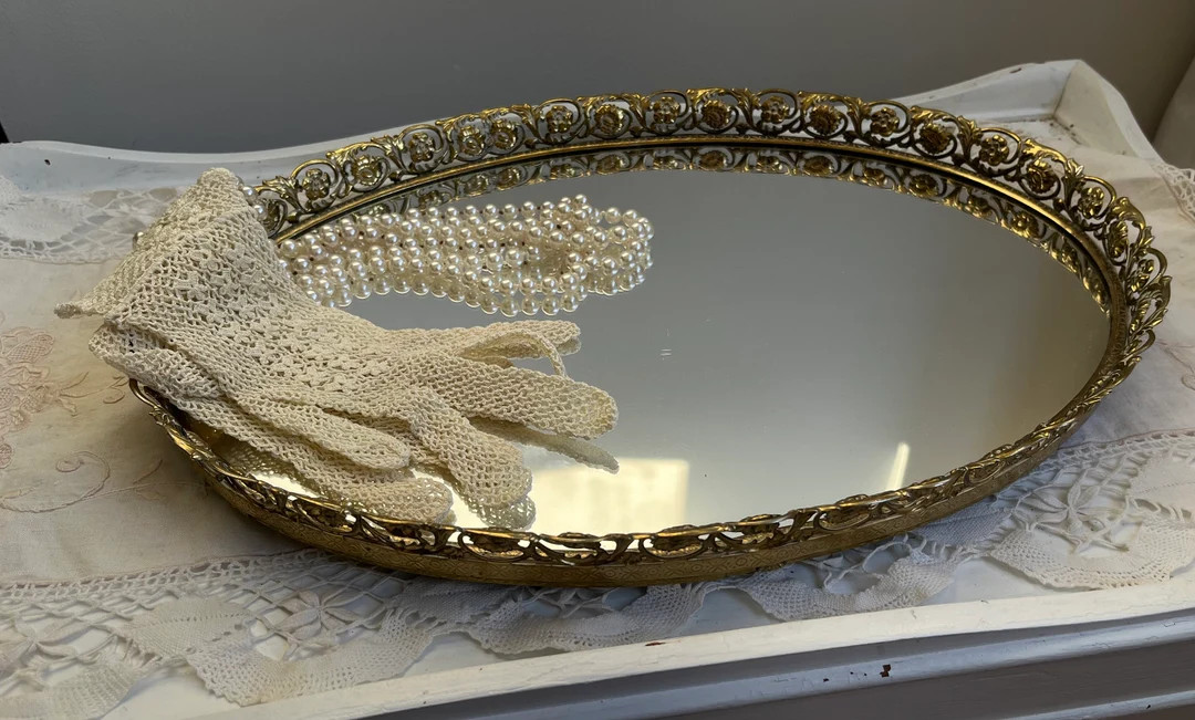 Vintage Mirrored Vanity Tray Gold Tone Floral Trim Edge - Etsy | Etsy (US)