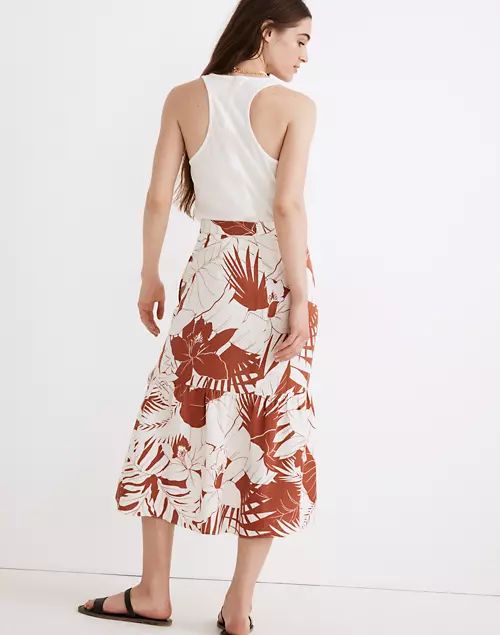 Linen-Blend Ruffle-Wrap Midi Skirt in Tropical Vacation | Madewell