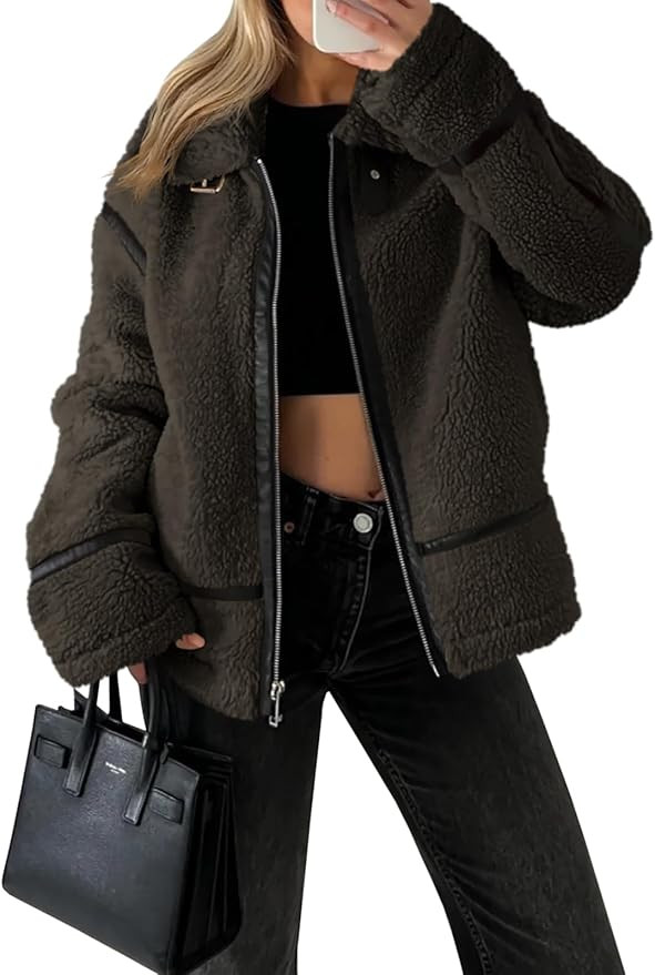 Tankaneo Womens Winter Faux Fur Coats Fleece Zip up Sherpa Moto Jackets Trendy Warm Leather Patch... | Amazon (US)