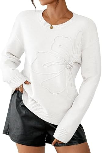 Pink Queen 2026 Women's Crew Neck Long Sleeve Pullover Sweater Ribbed Knit Floral Texture Casual ... | Amazon (US)