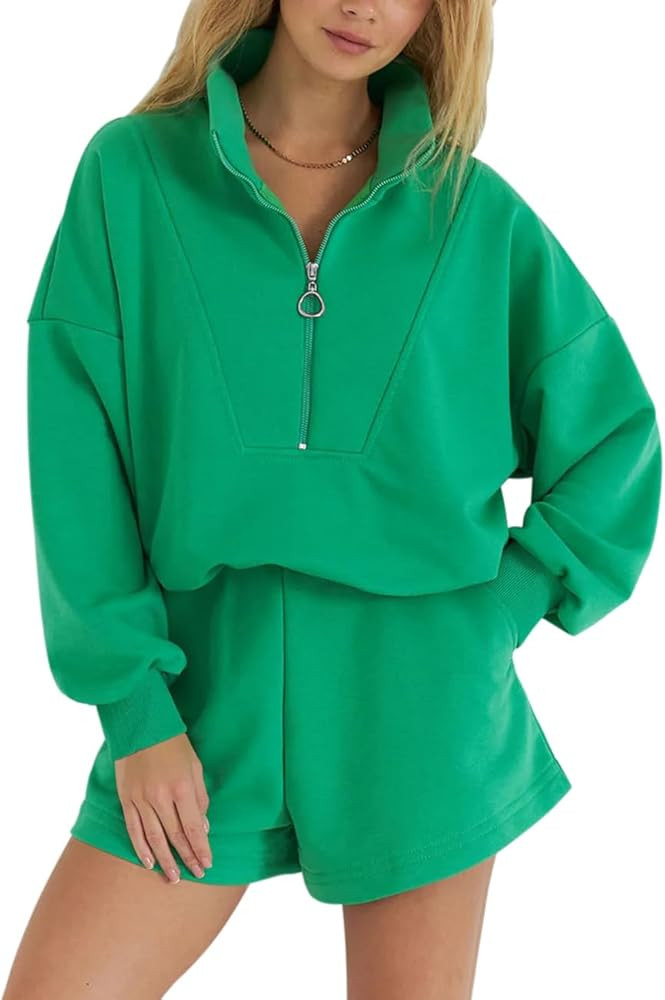 2024 2 Piece Sweatsuit Outfits For Women Half Zip Pullover Sweatshirt and Shorts Comfy Tracksuit ... | Amazon (US)