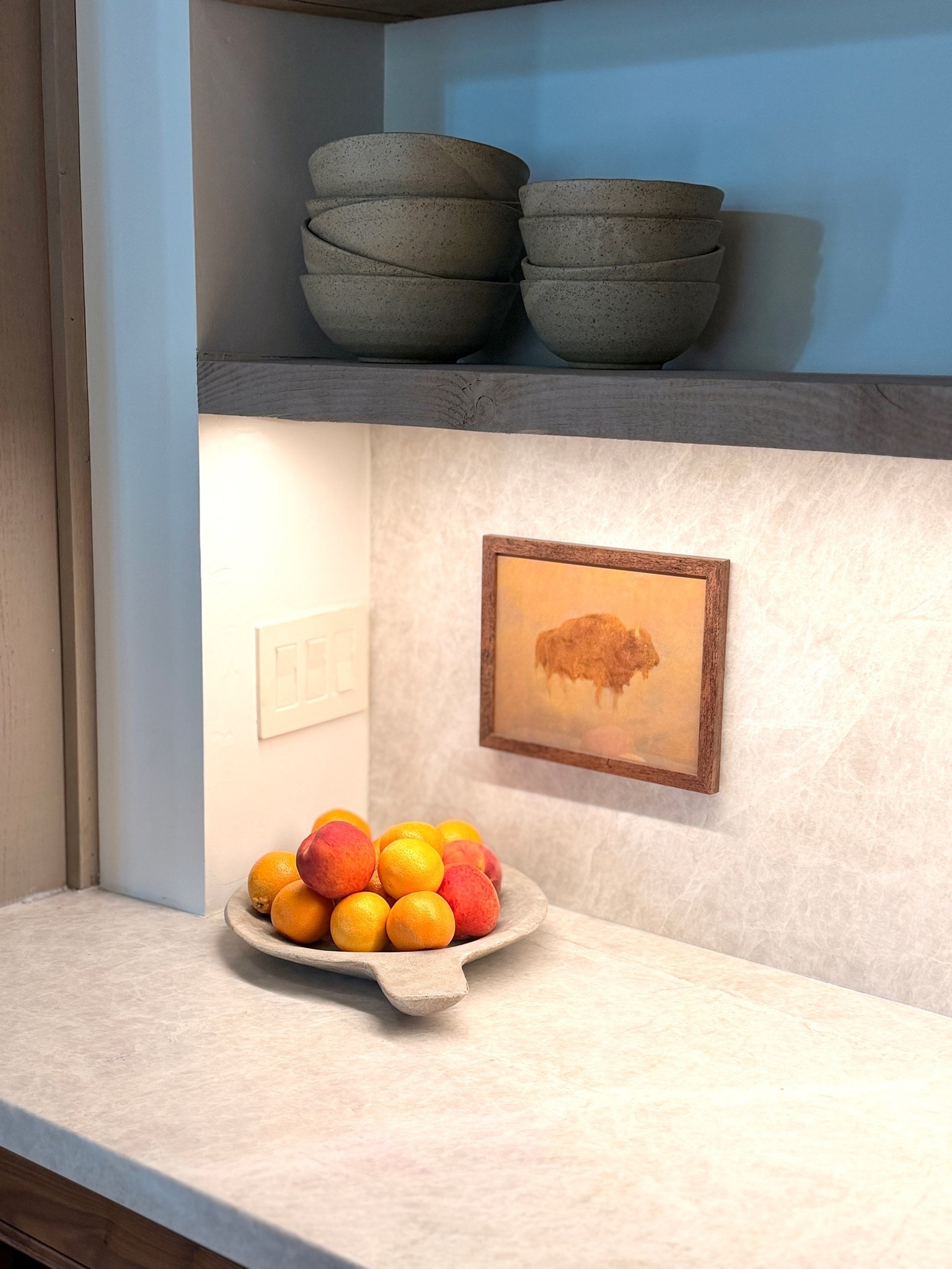 I put this picture up over an outlet we done use. Just put some Velcro on the back and attached it to an outlet cover. I’m linking my everyday bowls (color sand).

#LTKHome