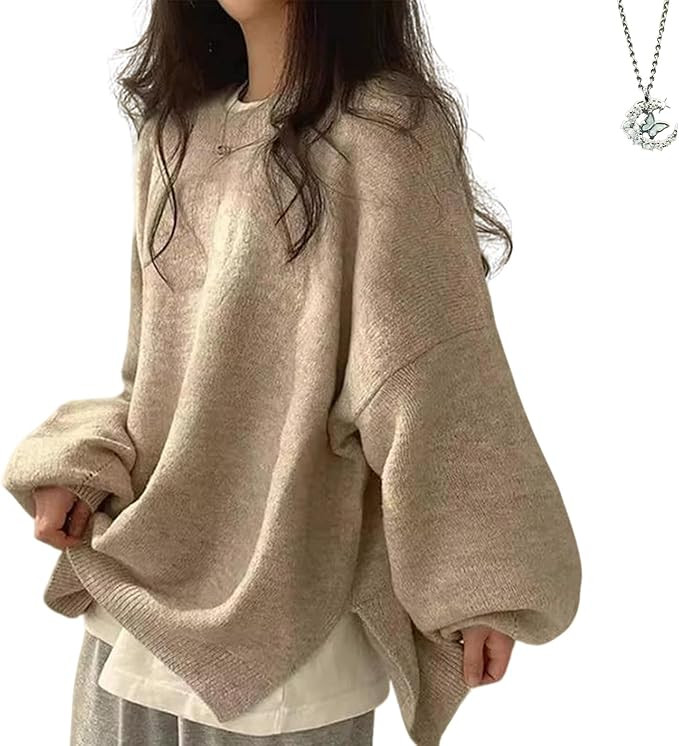 Womens Drop Shoulder Split Hem Sweater, Women's Crewneck Sweaters Fall Slouchy Long Sleeve Knit S... | Amazon (US)