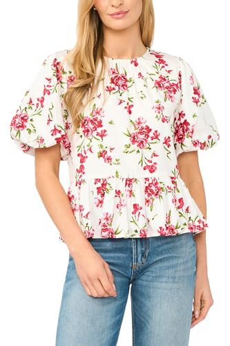 Floral Puff Sleeve Shirred Crew Neck Peplum TOP | Amazon (US)