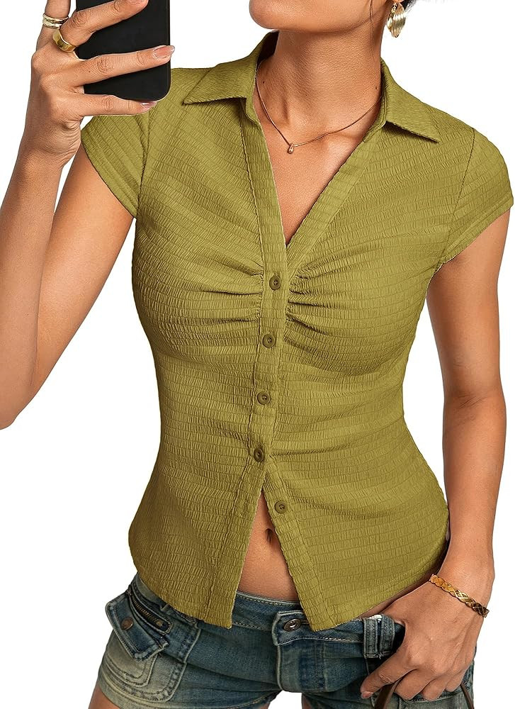 Kate Kasin Women Button Down Blouse, V-Neck Ruched Tops with Y2K Collar, Slim Fit Cap Sleeve Busi... | Amazon (US)