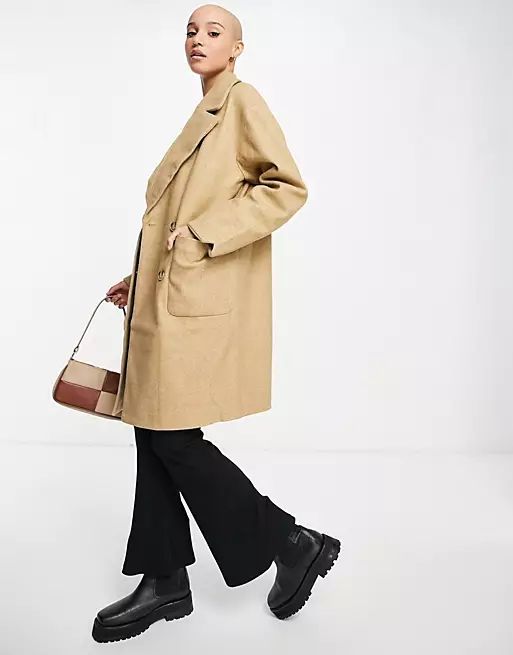 Vila double breasted herringbone coat in beige | ASOS (Global)