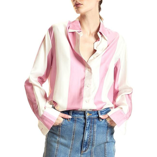 Cynthia Rowley | Silk Stripes Button-Up Shirt, (Pink/Ivory, Size Large) | Maisonette | Maisonette
