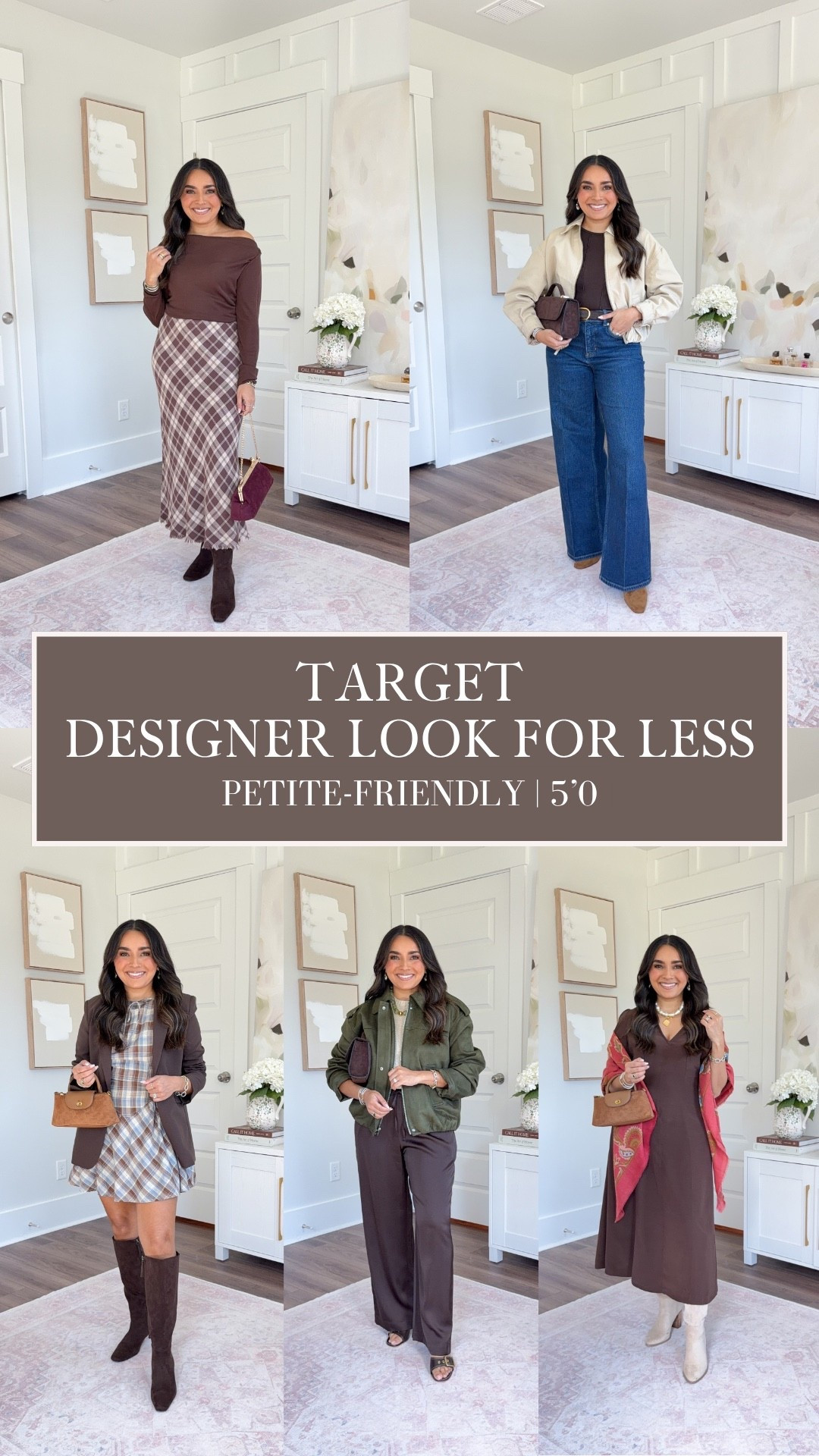 My Fall Target Order Looks Designer!
For reference: I’m 5’0, petite, 32b bra size, and 2/26 in bottoms, pear shaped. 
*Everything I share is unaltered! TTS means true to size. Between size 5-6.5 in shoes

Brown off the shoulder top size xs TTS
Brown plaid skirt size xs TTS
Brown boots size 6 TTS

Blue and brown plaid dress size xxs TTS
Brown blazer size xxs TTS
Brown boots size 6 TTS

Tan bubble hem jacket size xs TTS
Brown tee size xxs TTS
Wide leg flare jeans size small petite TTS
Tan elmwood suede color boots size 5.5 TTS

Dark green jacket size xs TTS
Cream ivory sweater size xs TTS
Brown satin pants size xs short TTS
Brown heels size 5 TTS

Brown dress size xs TTS
Tan beige boots size 6 TTS


Fall fashion
Affordable outfits 
Petie style 
Fall dresses
Autumn

#LTKPetite #LTKootd #LTKgrwm

Comment SHOP below to receive a DM with the link to this post on my LTK ⬇ https://liketk.it/6okUl

#LTKPetite #LTKootd #LTKgrwm