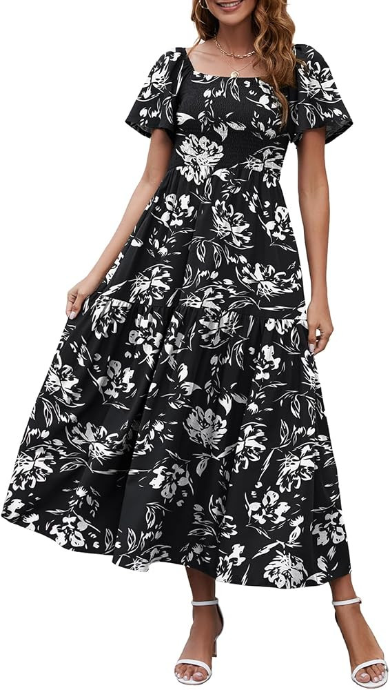 Lyrur Women’s Summer Maxi Dress Square Neck Ruffle Short Sleeve Smocked Tiered Casual Beach Sun... | Amazon (US)