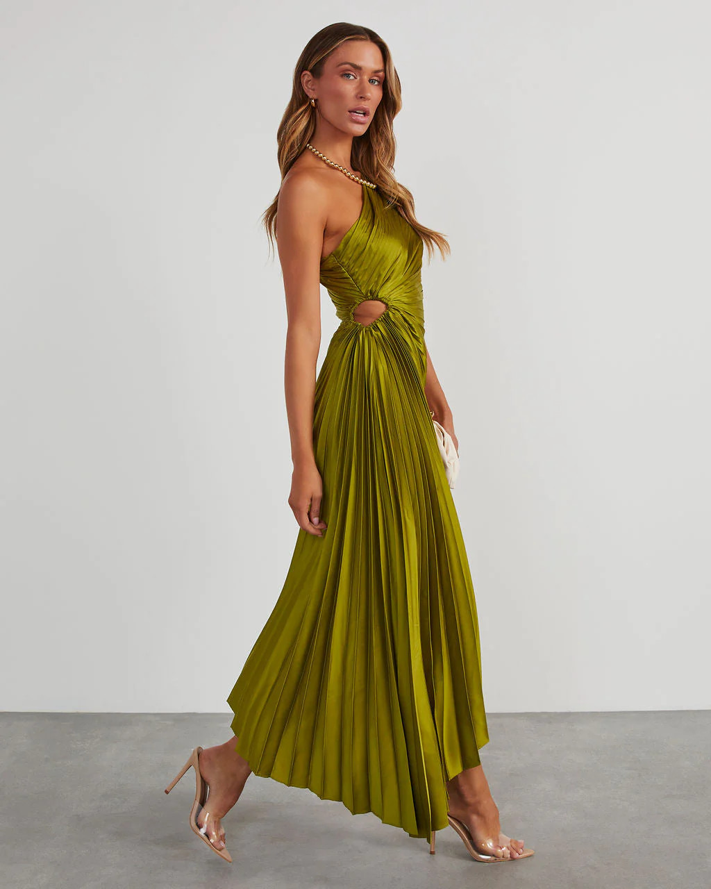 Modern Day Glam Satin Pleated One Shoulder Cutout Asymmetrical Maxi Dress | VICI