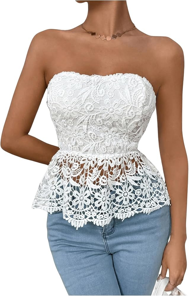 MakeMeChic Women's Floral Lace Strapless Tube Top Sleeveless Ruffle Hem Bandeau Tops | Amazon (US)