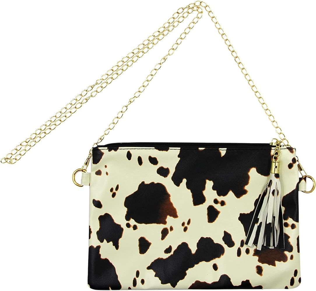 JUMISEE Women Cow Print Wristlet Clutch Purse Fashion Tassel Crossbody Bag with Chain Strap | Amazon (US)
