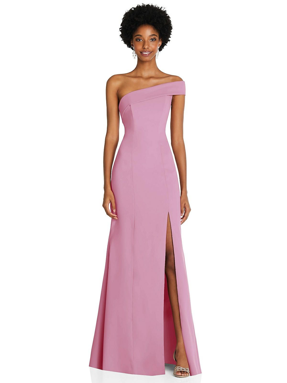 Asymmetrical Off-the-Shoulder Cuff Trumpet Gown With Front Slit | The Dessy Group