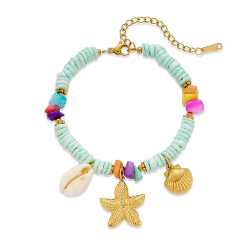 ENSKEFEN Boho Ocean Charm Beaded Bracelets for Women Summer Beach Scallop Shell Starfish Charms Bracelet Colorful Beads with Adjustable Chain Bracelet | Amazon (US)