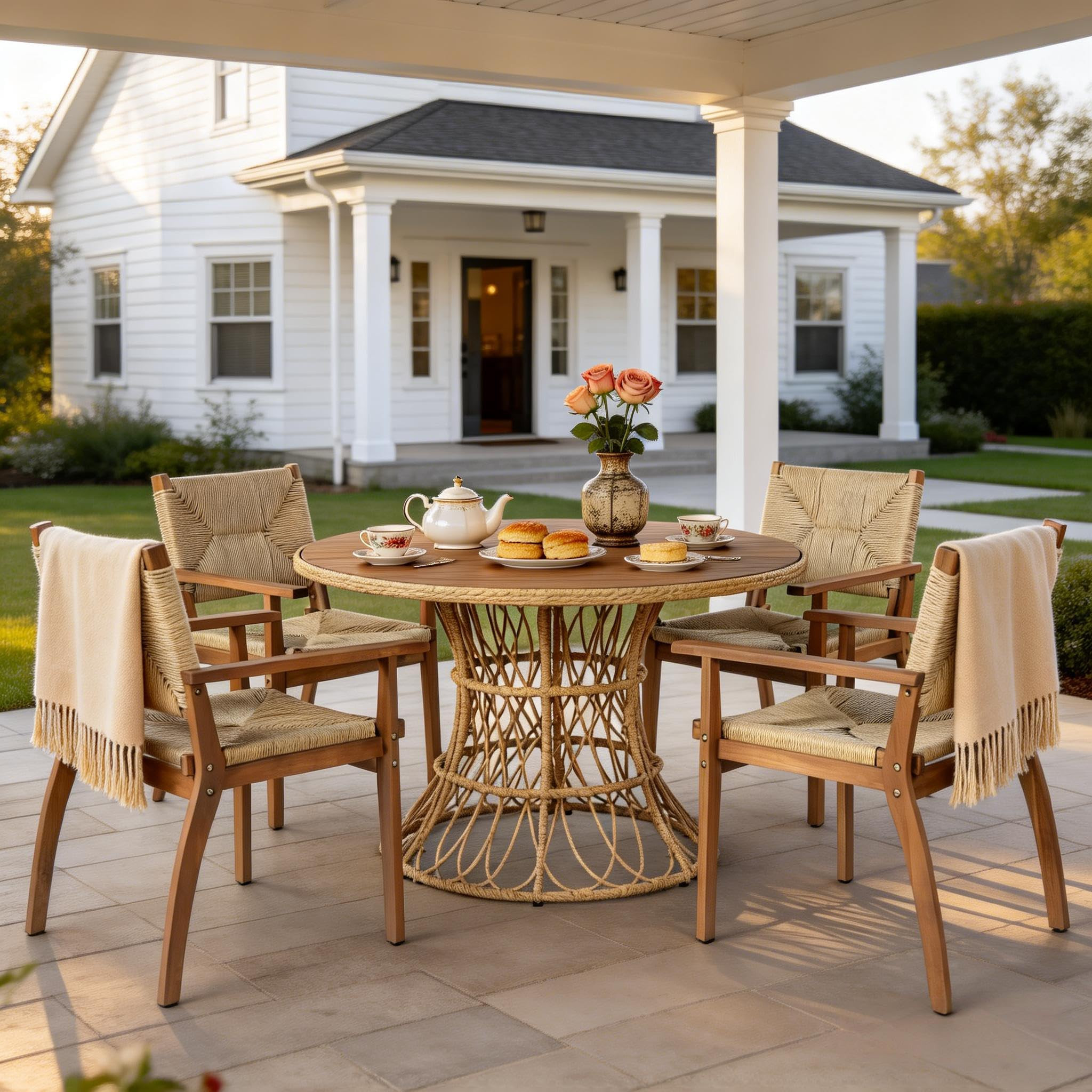 Merax 5-Piece Outdoor Dining Set, 47.24'' Round Acacia Wood Table & 4 Wicker Armchairs, Patio Fur... | Amazon (US)