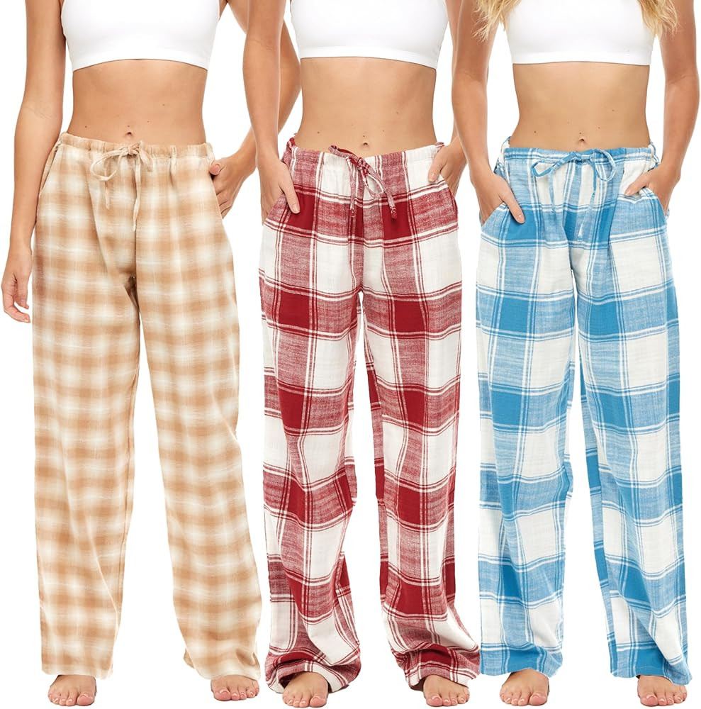Sexy Basics Women's Lounge & Sleep PJ Pants/Soft Flannel Cotton Brush Long Pants - 3 Pack | Amazon (US)