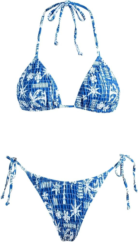 VOLAFA Women's Triangle Bikini Set String Swimsuit Print Tie Smocked Ruched Two Piece Bathing Sui... | Amazon (US)