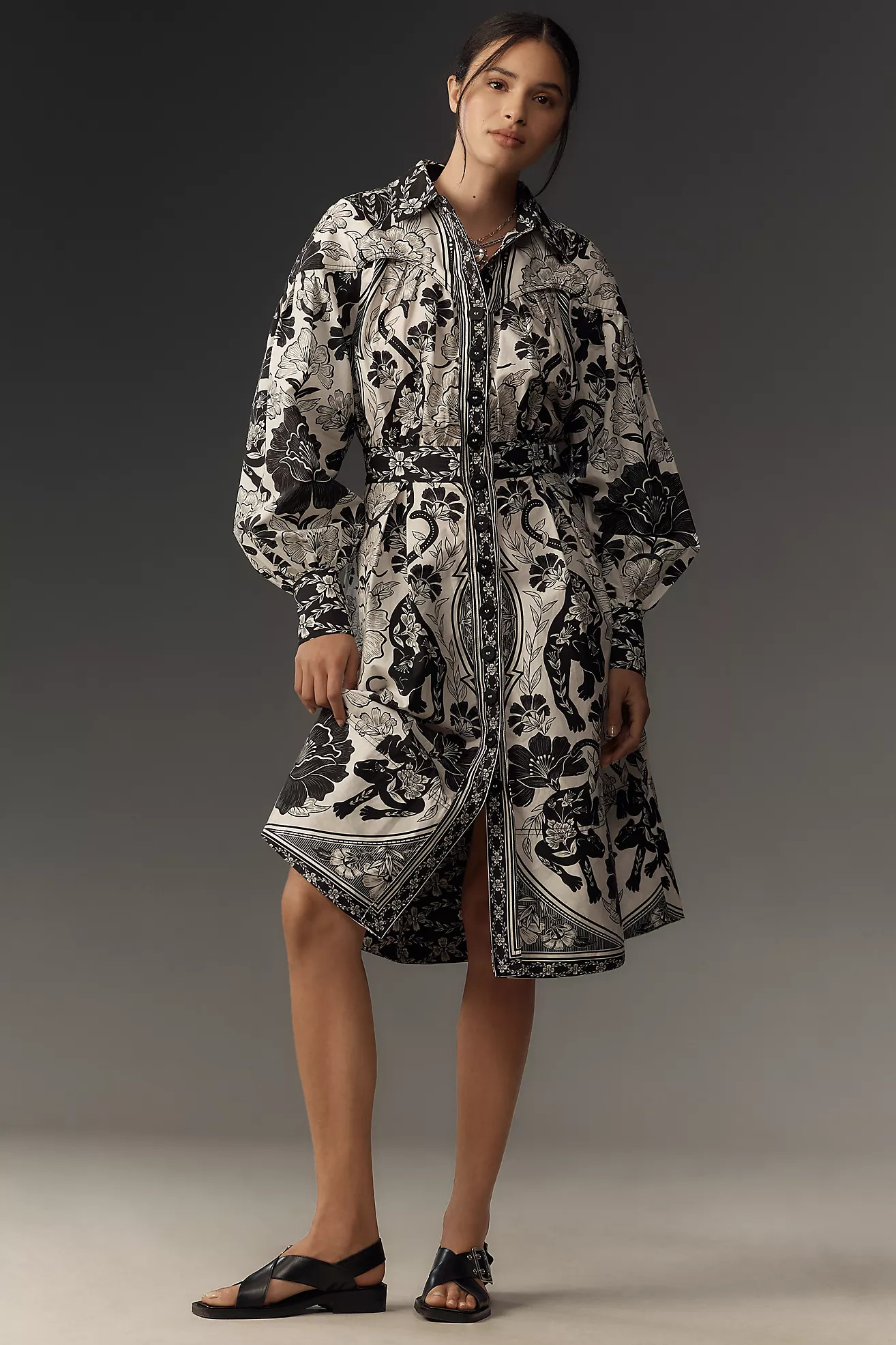 Farm Rio Long-Sleeve Collared Midi Shirt Dress | Anthropologie (US)