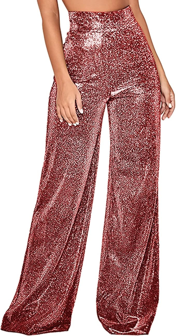 kaimimei Women's Wide Leg Pants Casual-High Waist Stretchy Palazzo Pants Sparkle Bell Bottom Club... | Amazon (US)
