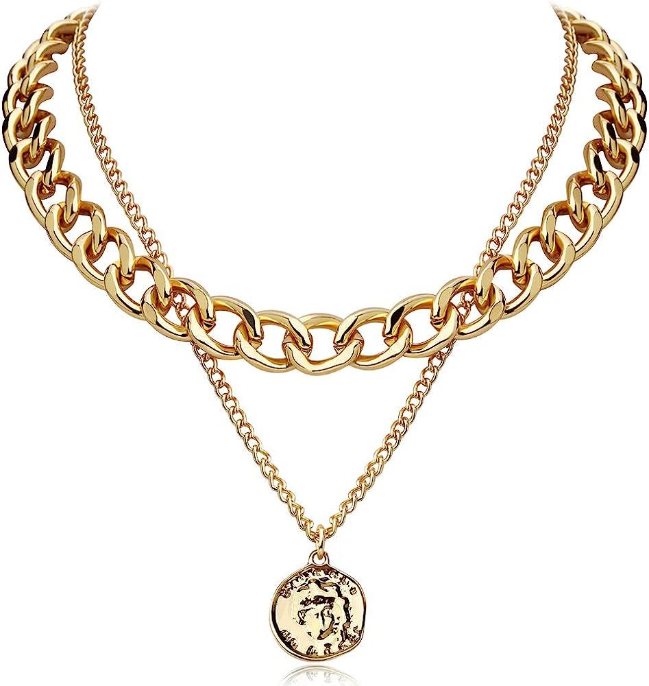 FAMARINE Gold Choker Layered Necklace for Women 4MM, Fashion Geometric Pandent 2 Layered Necklace... | Amazon (US)