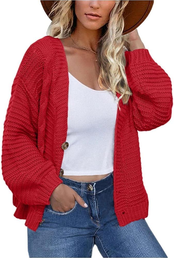 BRUBOBO Women's Cable Knit Button Down Cardigan Sweaters Lantern Long Sleeve Chunky Casual Fall S... | Amazon (US)