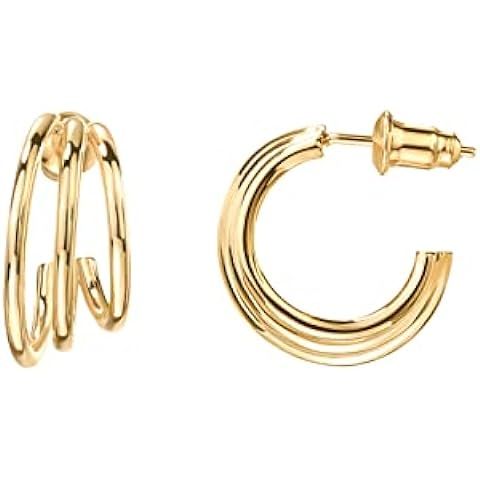 PAVOI 14K Gold Plated Chunky Multi Hoop Earrings for Women | Hypoallergenic Trendy Triple Split L... | Amazon (US)