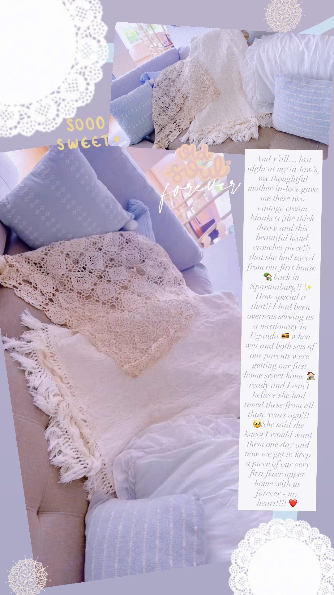 And y’all… last night at my in-law’s, my thoughtful mother-in-love gave me these two vintage cream blankets (the thick throw and this beautiful hand crouchet piece!!) that she had saved from our first house 🏡 back in Spartanburg!! ✨ How special is that!! I had been overseas serving as a missionary in Uganda 🇺🇬 when wes and both sets of our parents were getting our first home sweet home 🏠 ready and I can’t believe she had saved these from all those years ago!!! 🥹She said she knew I would want them one day and now we get to keep a piece of our very first fixer upper home with us forever - my heart!!!! ❤️