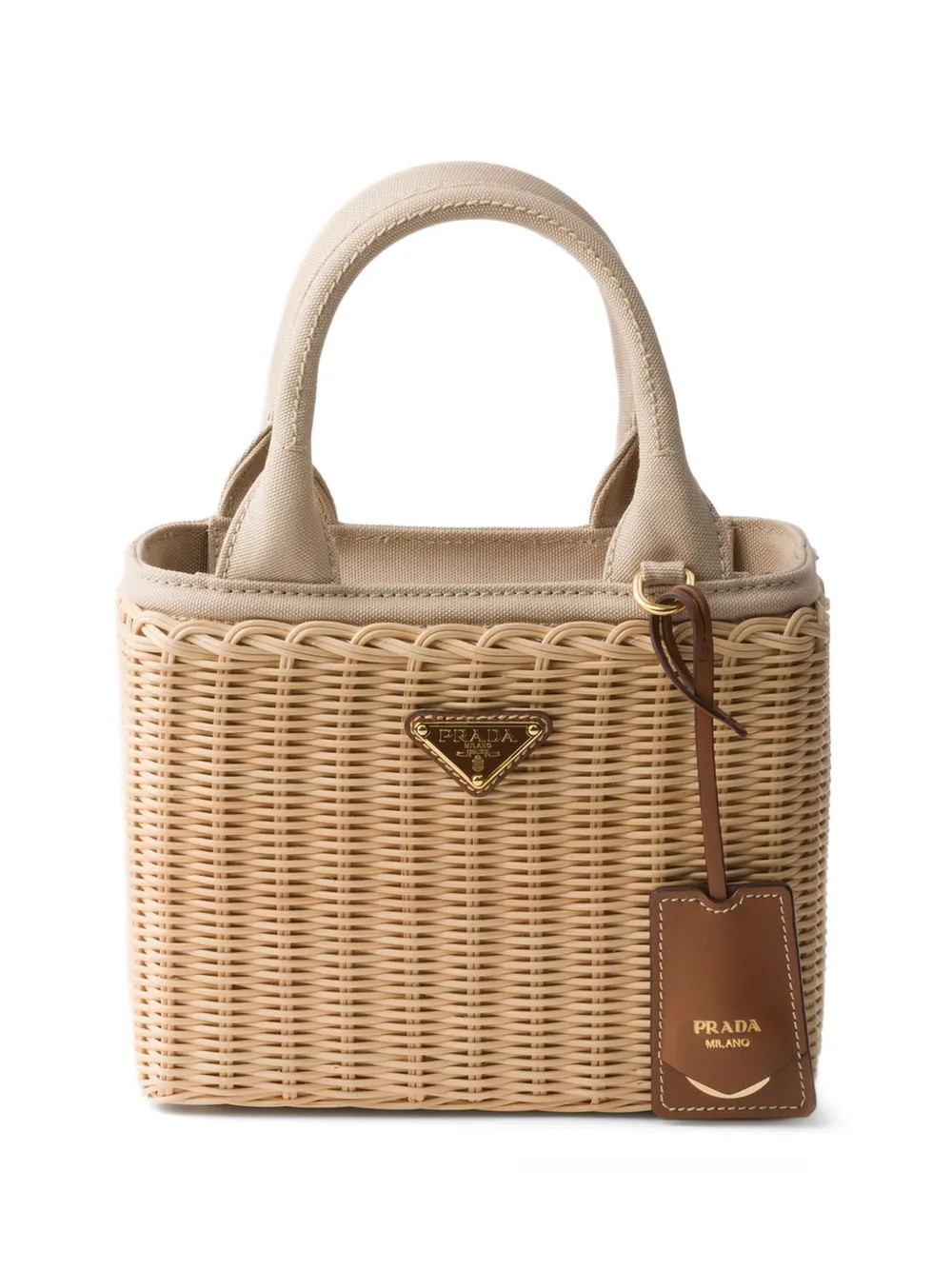Prada small wicker and canvas tote bag - Neutrals | Farfetch Global