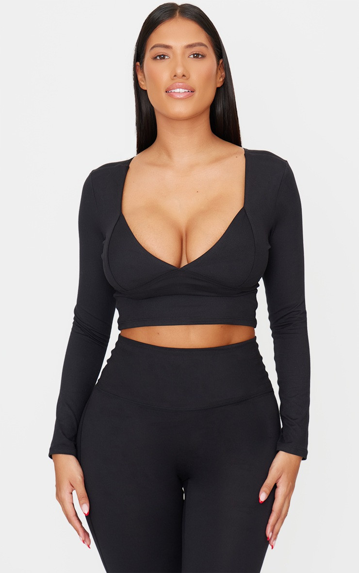 Shape Black Sculpt Plunge Front Long Sleeve Top | Shape | PrettyLittleThing US