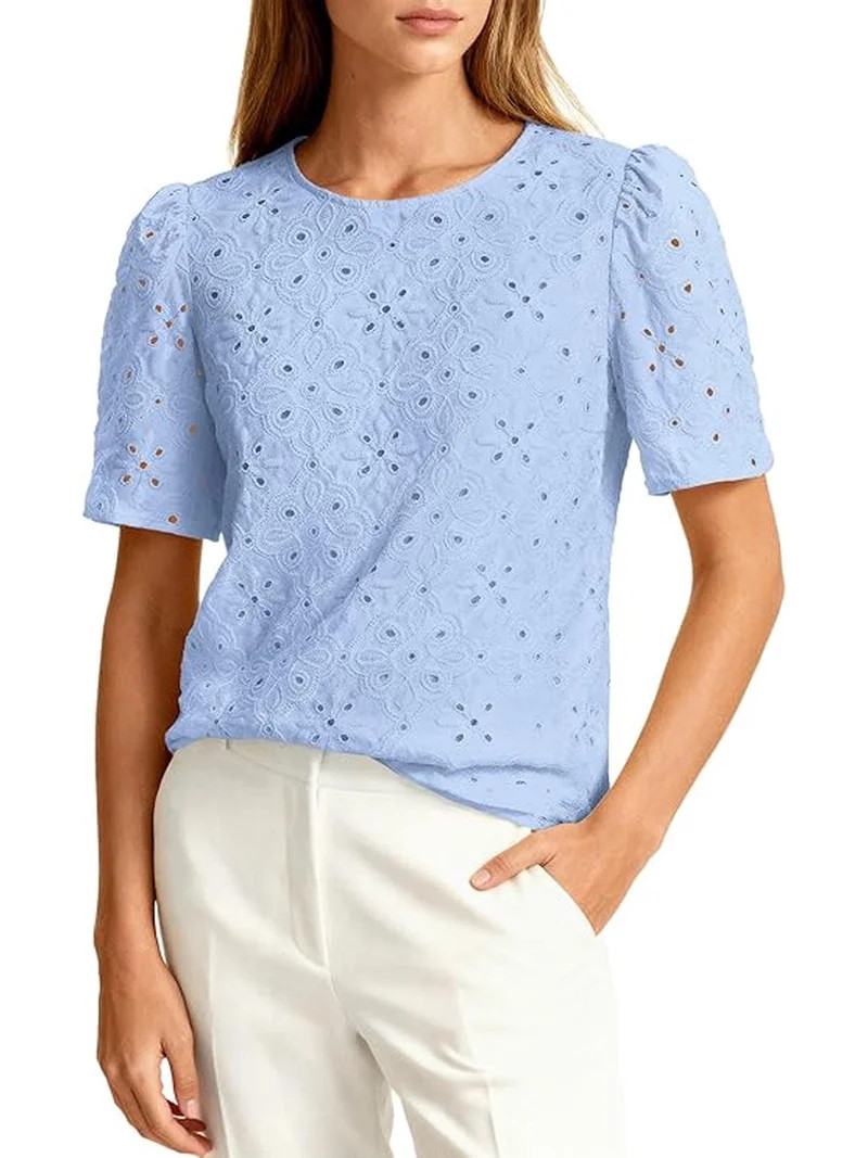 PRETTYGARDEN Women's Puff Short Sleeve Eyelet Shirts Summer Lace Blouses Dressy Casual Work Tops ... | Walmart (US)