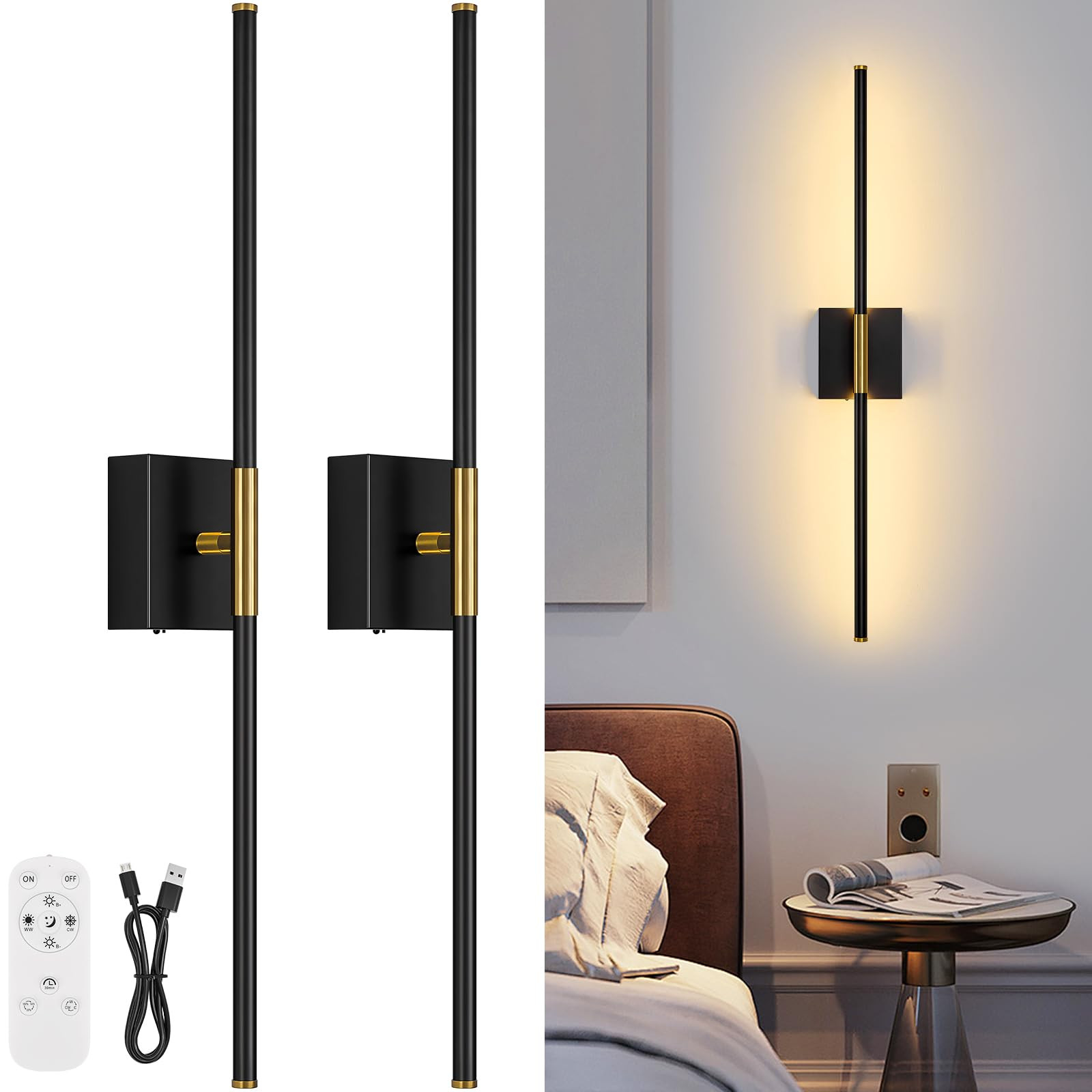 Wall Sconces Set of Two with Remote Control 29.1 in Dimmable Black Gold Battery Operated Wall Lig... | Amazon (US)
