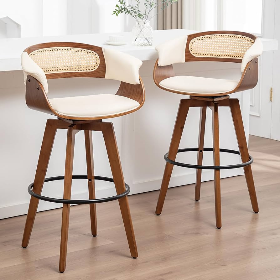 Set of 2 Rattan Swivel Counter Stools - 26.4 inch Mid Century Modern Counter Stools with Cane Bac... | Amazon (US)