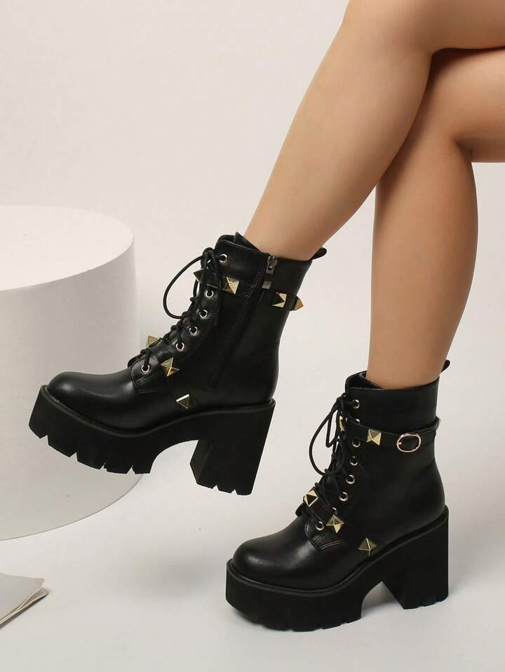 Women's Fashionable Wedge Heel & Thick Sole & Rivet Decorated Lace-up Front Platform Punk Motorcy... | SHEIN