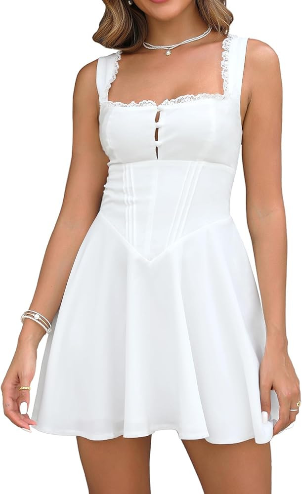 Women's Square Neck Lace Summer Casual Mini Dress Ruffle Flowy A Line Corset Buttons Cute Short G... | Amazon (US)